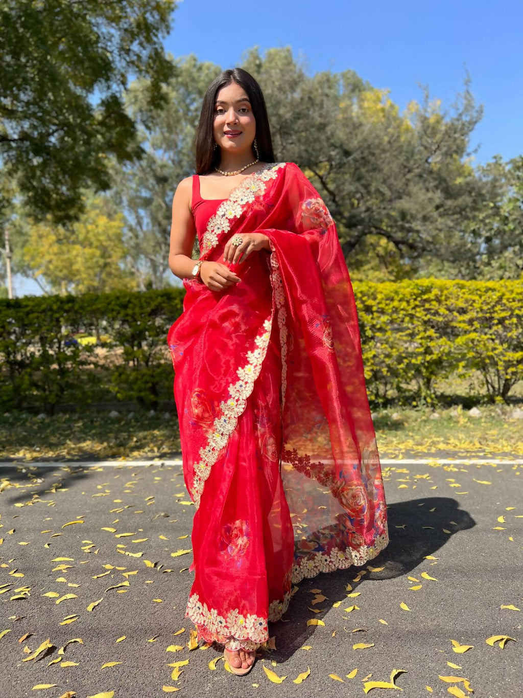 Vamsee Red Organza Saree | Grocsy