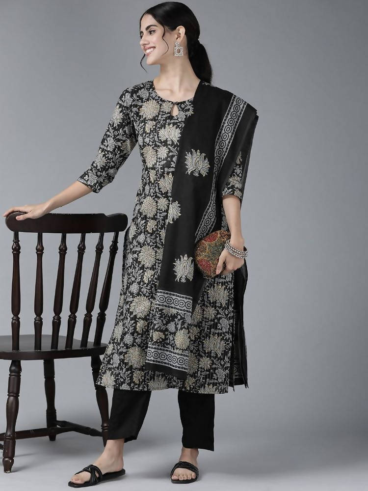 Yufta Women Black Floral Pure Cotton Kurta with Trouser & With Dupatta | Grocsy