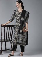 Yufta Women Black Floral Pure Cotton Kurta with Trouser & With Dupatta | Grocsy