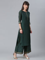 Ahalyaa Dark Green Chanderi Solid Kurta With Palazzo And Dupatta Set | Grocsy