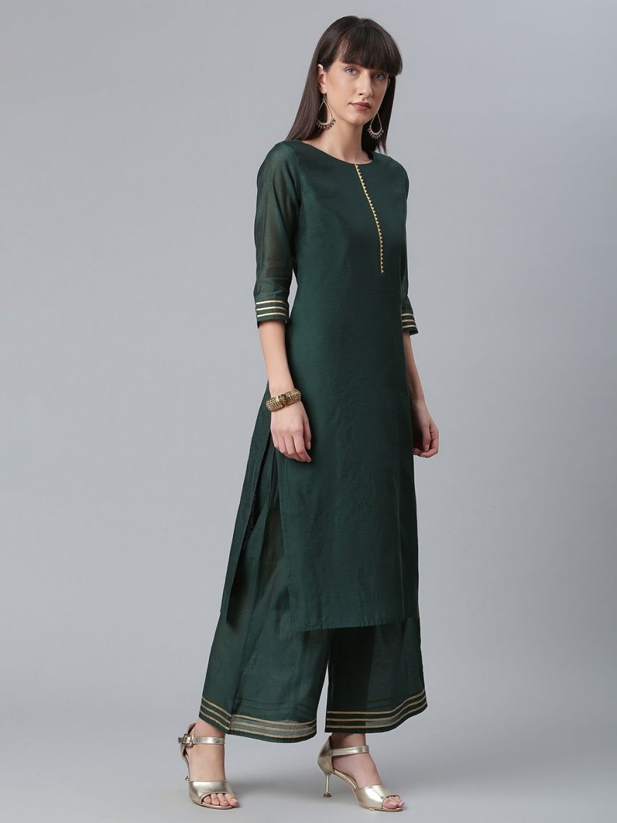 Ahalyaa Dark Green Chanderi Solid Kurta With Palazzo And Dupatta Set | Grocsy
