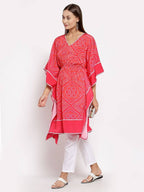 Myshka Women's Pink Cotton Printed 3/4 Sleeve V Neck Casual Kaftan | Grocsy
