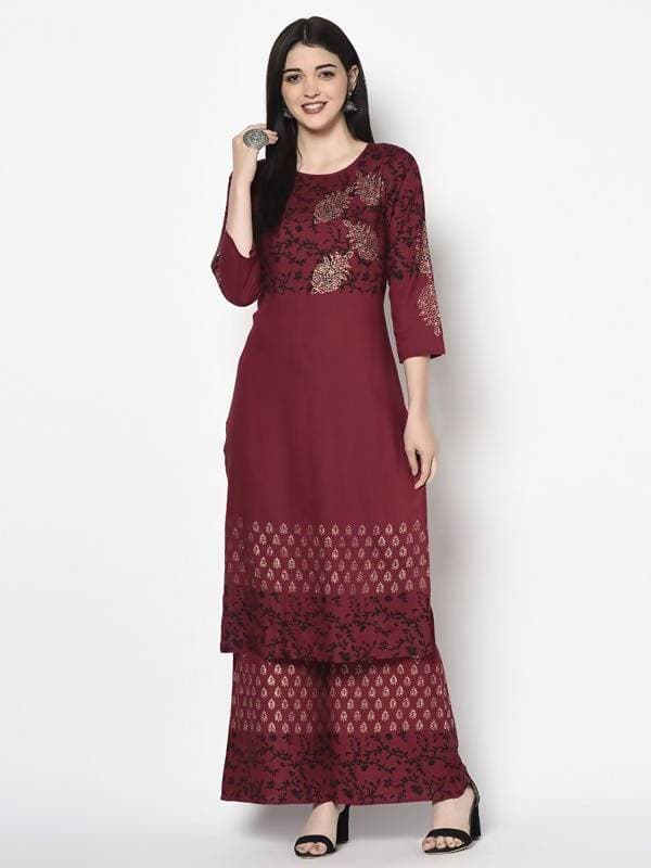 Aniyah Rayon Maroon Color Block Print Straight Kurta (AN-185K) | Grocsy