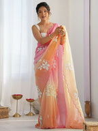 PR Fashion Pink_Orange Gold Crush Embroidery Work Saree | Grocsy