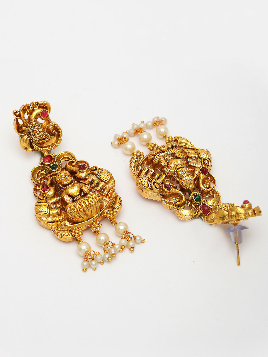 NVR Women's Set of 2 Gold-Polished Green & Red Stone Studded Lakshmi Design Temple Jewellery Set | Grocsy