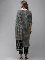 Yufta Women Black & Off-White Ethnic Motifs Printed Thread Work Cotton Kurta Set & Dupatta | Grocsy