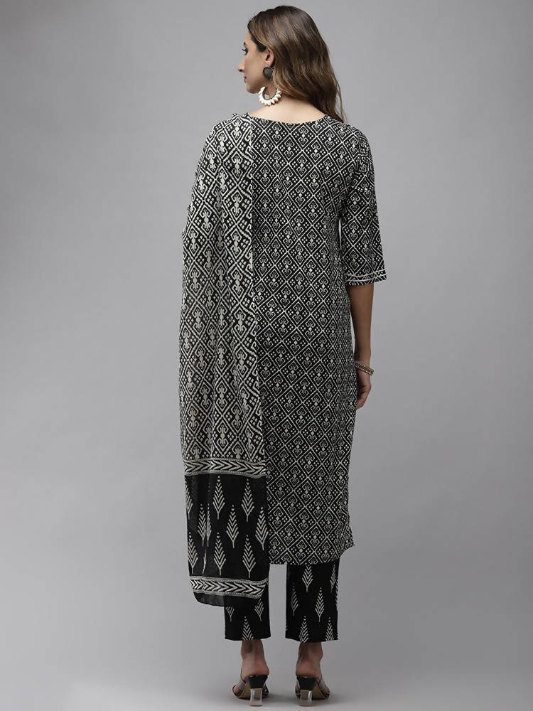 Yufta Women Black & Off-White Ethnic Motifs Printed Thread Work Cotton Kurta Set & Dupatta | Grocsy