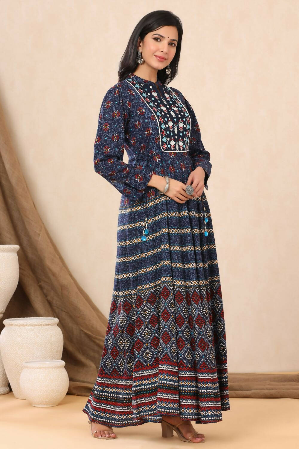 Juniper Womens Indigo Rayon Multicolor Printed Maxi Dress With Yoke Mirror Embroidery | Grocsy