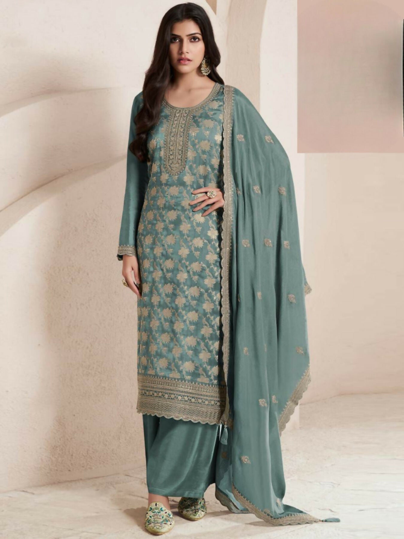 Anaita Sky Blue Viscose Muslin Stitched Suit with Sequence & Zari Work | Grocsy