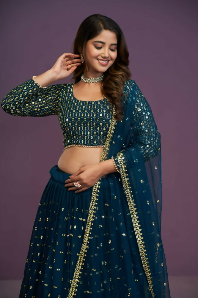 Blue Georgette Embroidery Sequence Work Lehenga Choli Set - Jihu Culture | Grocsy