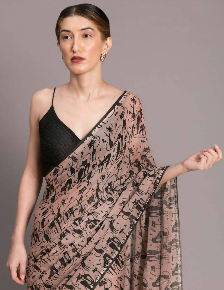 Suta Beige Black Pure Mul Cotton Printed Saree | Grocsy