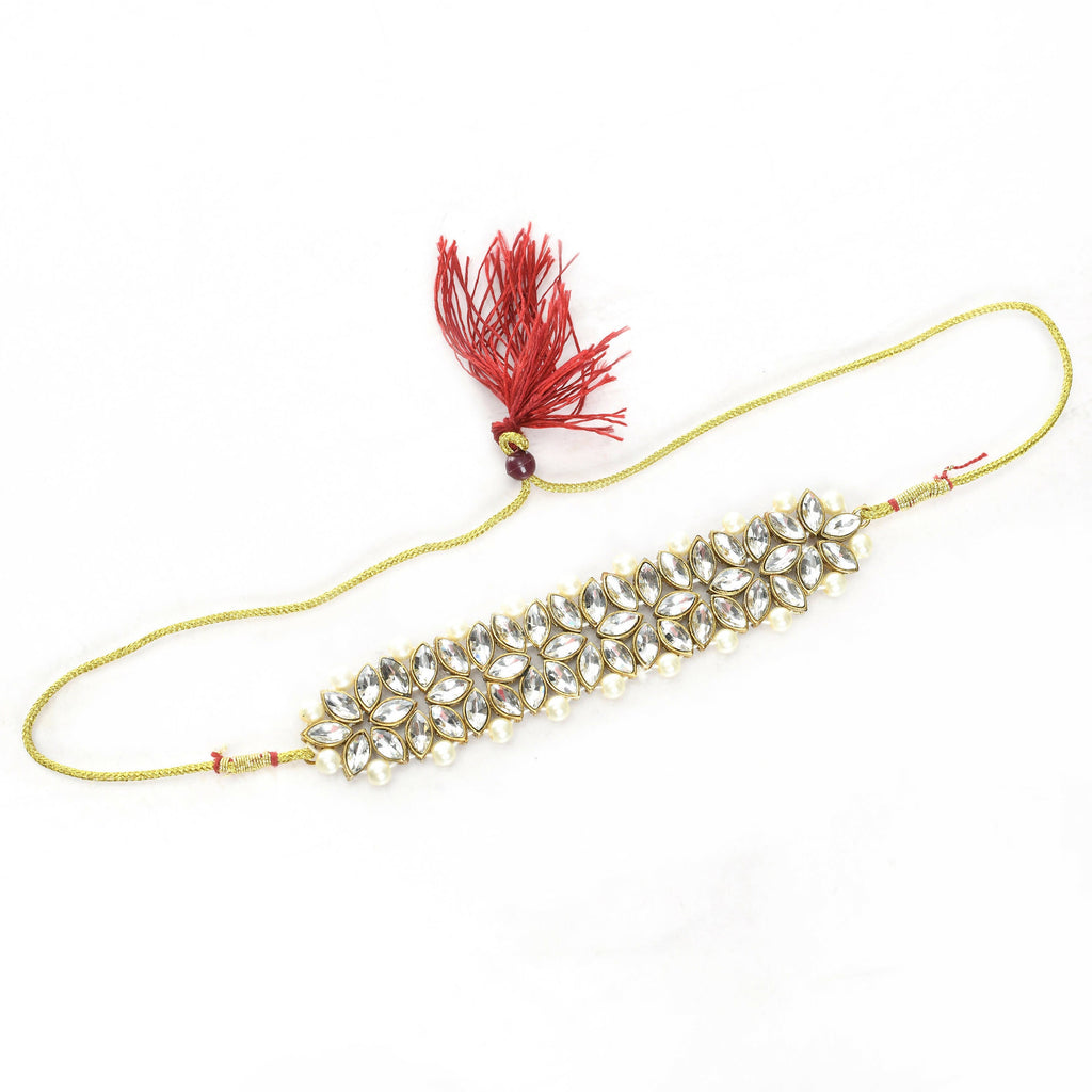 Mominos Fashion Johar Kamal Gold-Polished Brass Finish Kundan/Pearls Choker For Women (White) | Grocsy