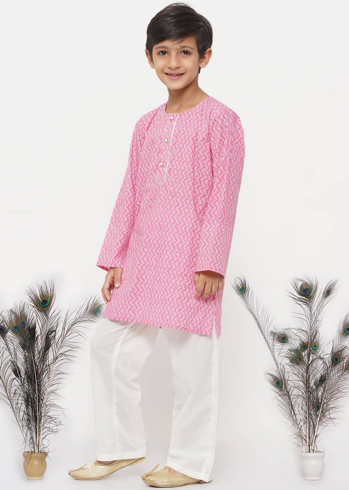 Little Bansi Boys Cotton Jaipuri Kurta with Pearl Buttons & Pyjama -Pink & Cream | Grocsy