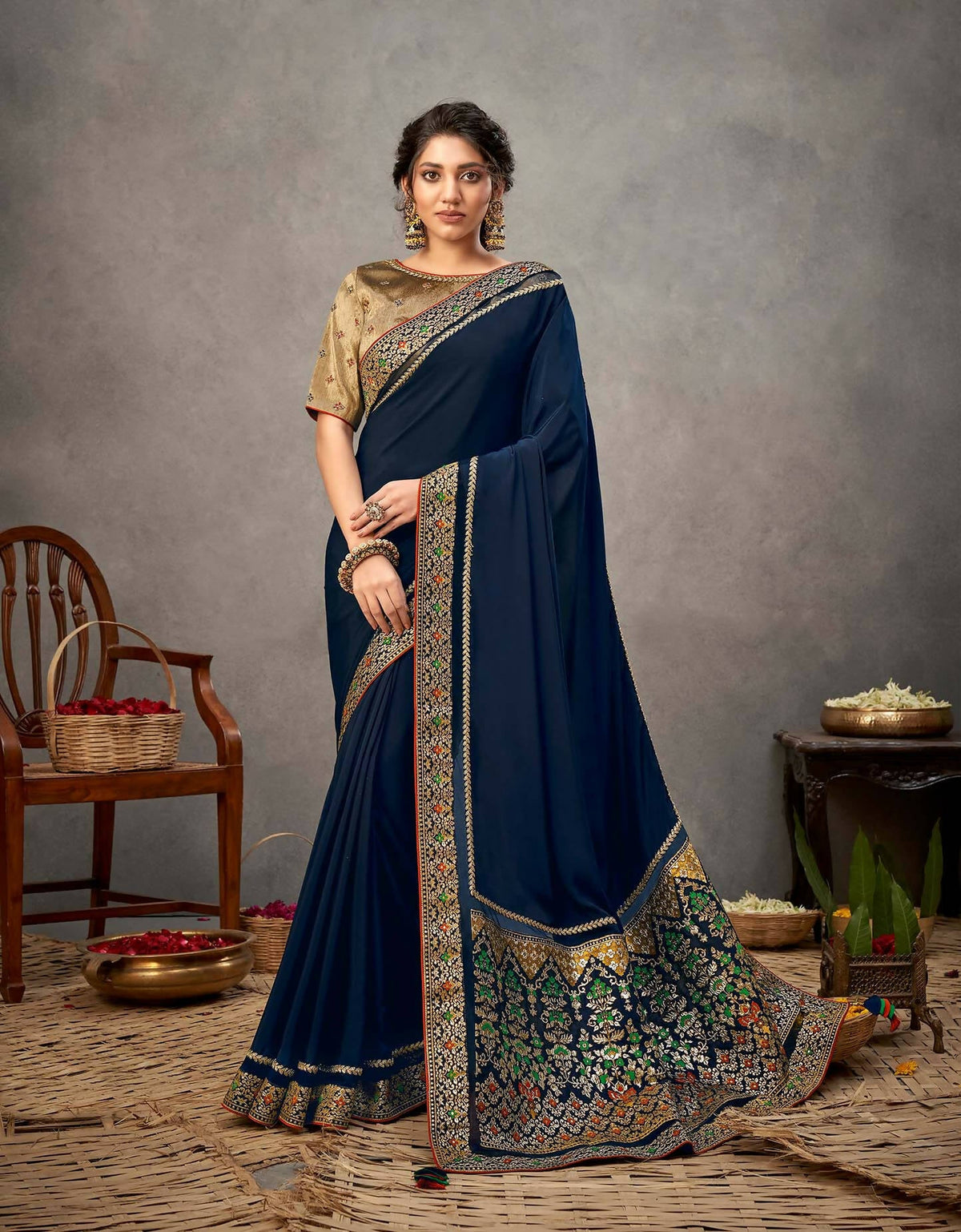 Multi Color Satin Silk Thread And Cord Embroidery Saree - Norita Arinya | Grocsy