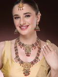NVR Women's Set of 2 Gold-Polished Green & Red Stone Studded Lakshmi Design Temple Jewellery Set with Maangtikka | Grocsy