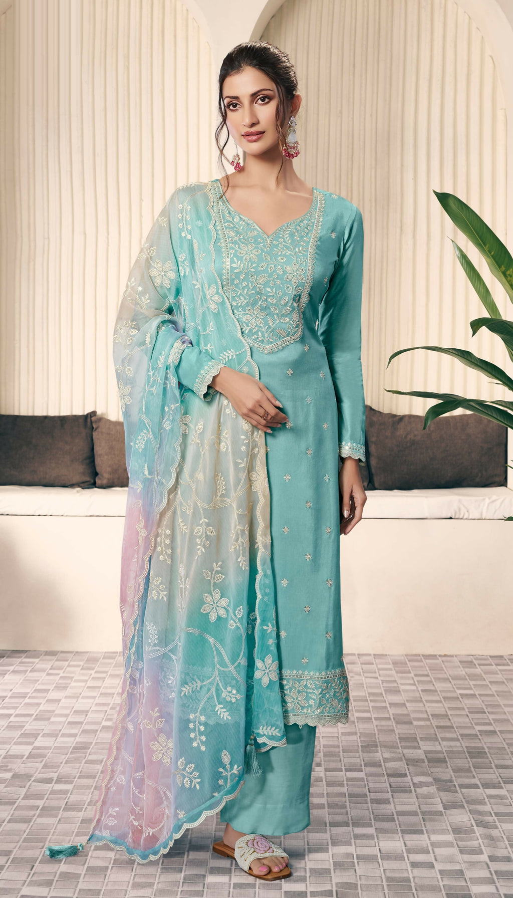 Anaita Aqua blue Embroidered Silk Stitched Salwar Suit | Grocsy