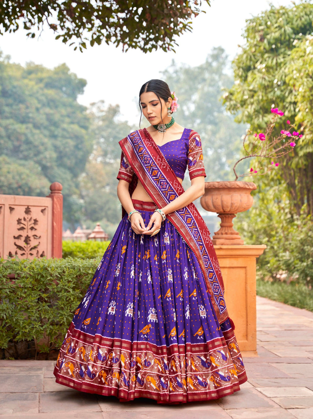 Vastranavya Patola Printed and Foil Work Tussar Silk Lehenga with Unstitched Blouse - Purple | Grocsy
