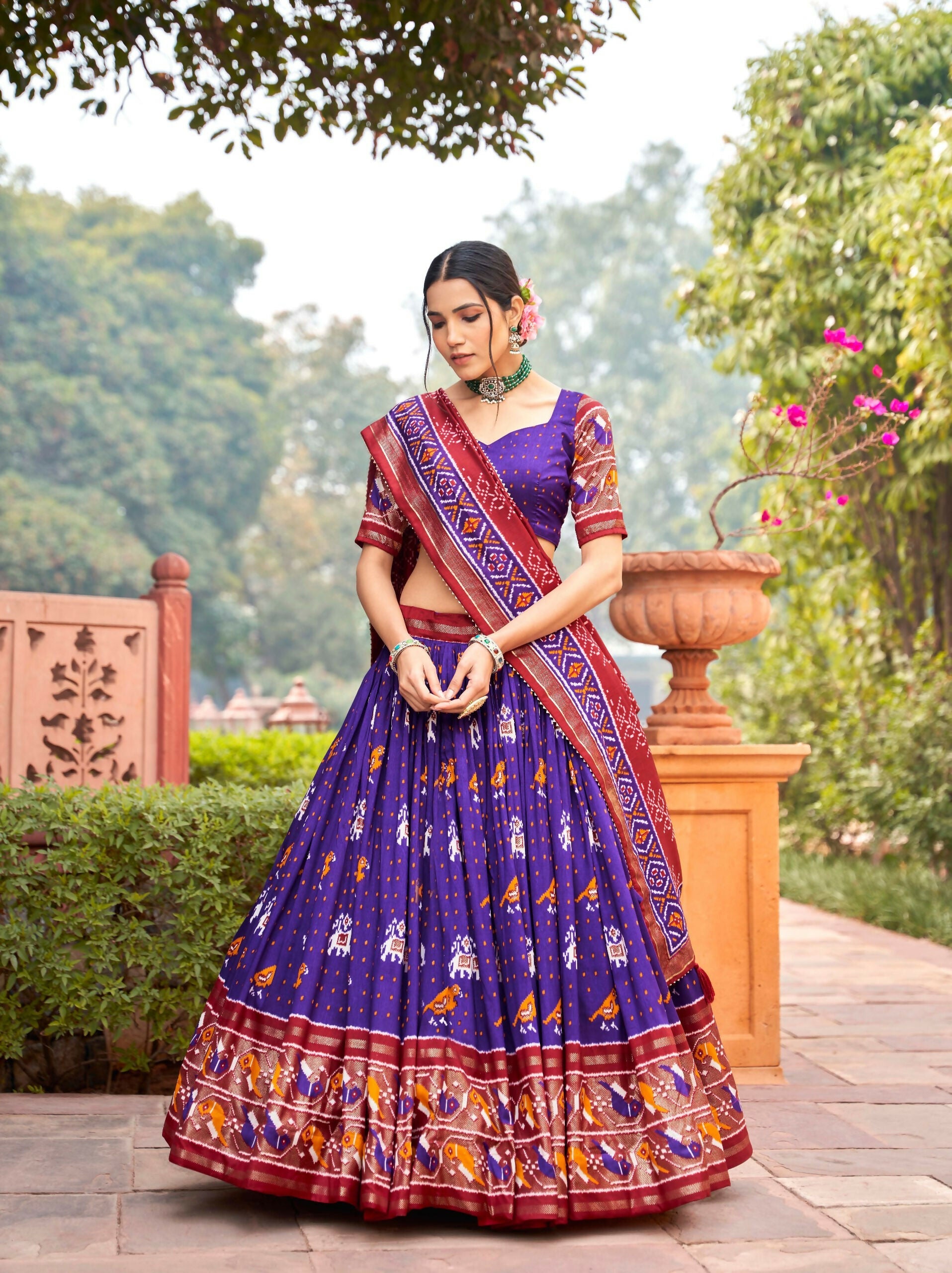 Vastranavya Patola Printed and Foil Work Tussar Silk Lehenga with Unstitched Blouse - Purple | Grocsy