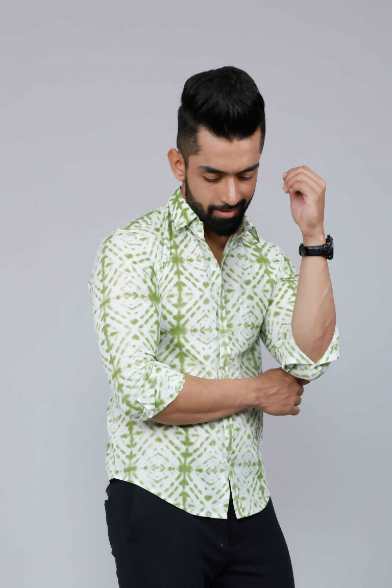 Miravan Men's Premium Green and White Slim Fit Tie Dye Cotton Shirt | Grocsy
