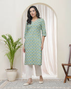 Vaasva Women Aqua Cotton Printed Straight Kurti With Pant | Grocsy