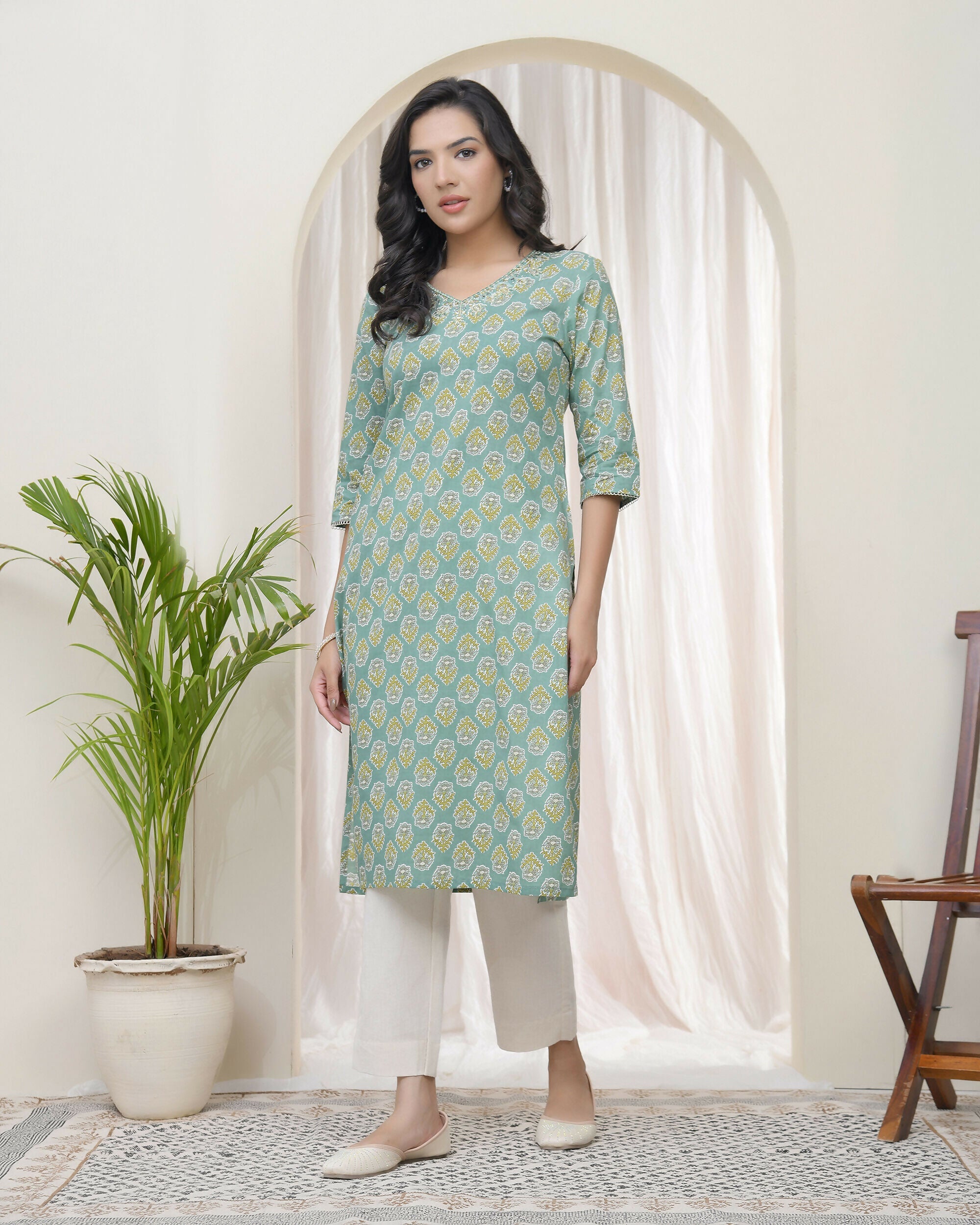 Vaasva Women Aqua Cotton Printed Straight Kurti With Pant | Grocsy