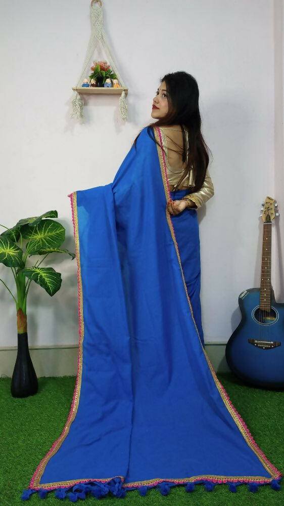Exclusive Collection Beautiful Khadi Cotton Handloom Saree With Beautiful Zari Border - Blue | Grocsy
