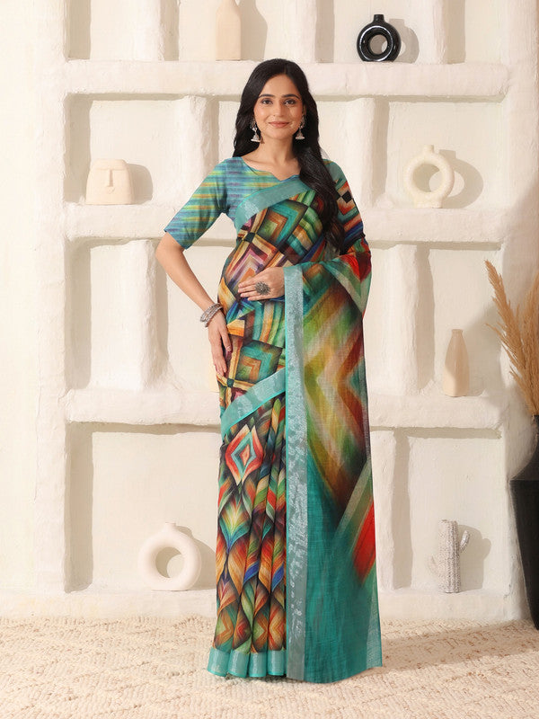 Shivam Fabrics Multi Color Linen Fabric Printed Saree | Grocsy