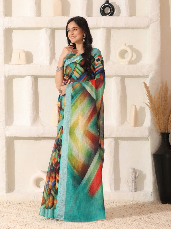 Shivam Fabrics Multi Color Linen Fabric Printed Saree | Grocsy