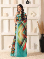 Shivam Fabrics Multi Color Linen Fabric Printed Saree | Grocsy