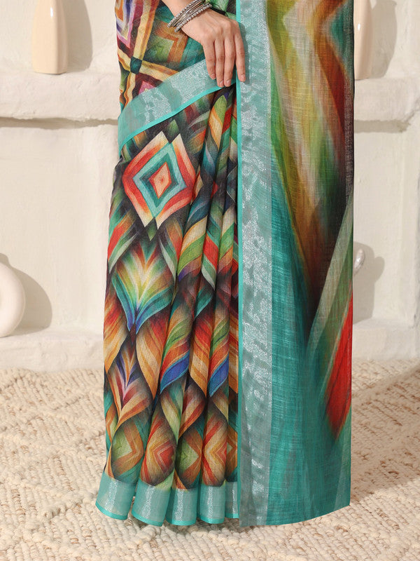 Shivam Fabrics Multi Color Linen Fabric Printed Saree | Grocsy