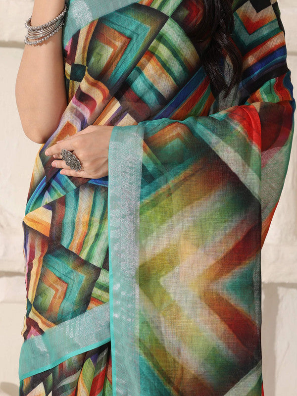 Shivam Fabrics Multi Color Linen Fabric Printed Saree | Grocsy