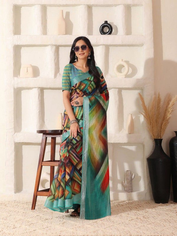 Shivam Fabrics Multi Color Linen Fabric Printed Saree | Grocsy