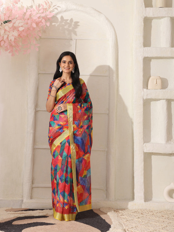 Shivam Fabrics Red Linen Fabric Printed Saree | Grocsy