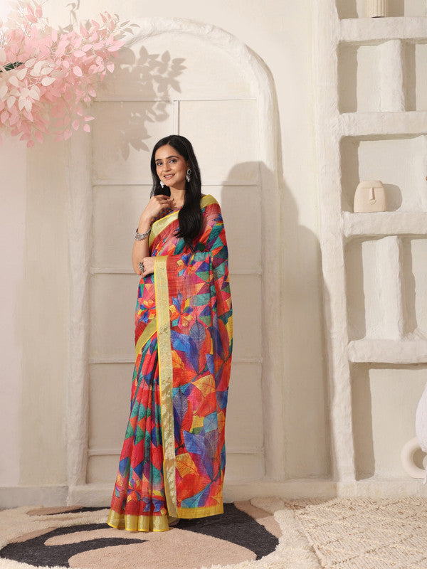Shivam Fabrics Red Linen Fabric Printed Saree | Grocsy