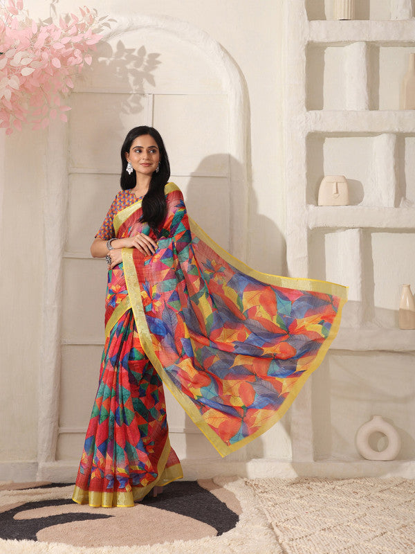Shivam Fabrics Red Linen Fabric Printed Saree | Grocsy