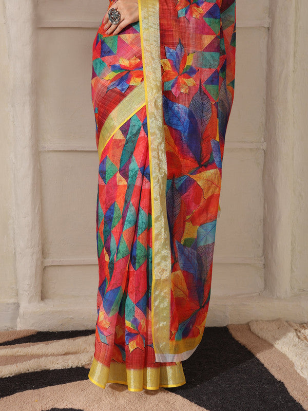 Shivam Fabrics Red Linen Fabric Printed Saree | Grocsy