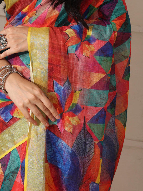 Shivam Fabrics Red Linen Fabric Printed Saree | Grocsy