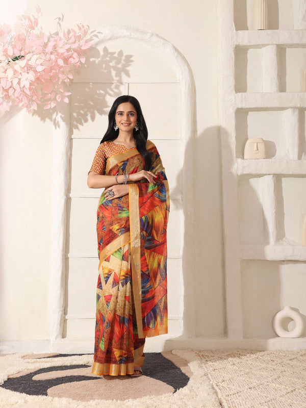 Shivam Fabrics Multi Color Linen Fabric Printed Saree | Grocsy