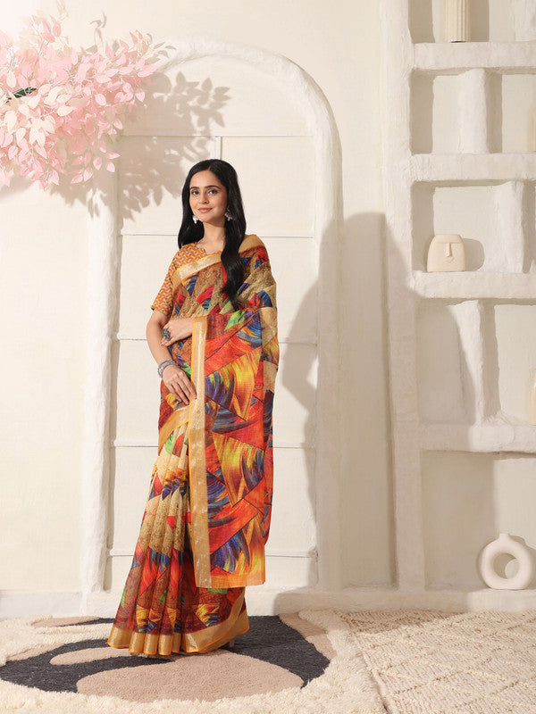 Shivam Fabrics Multi Color Linen Fabric Printed Saree | Grocsy