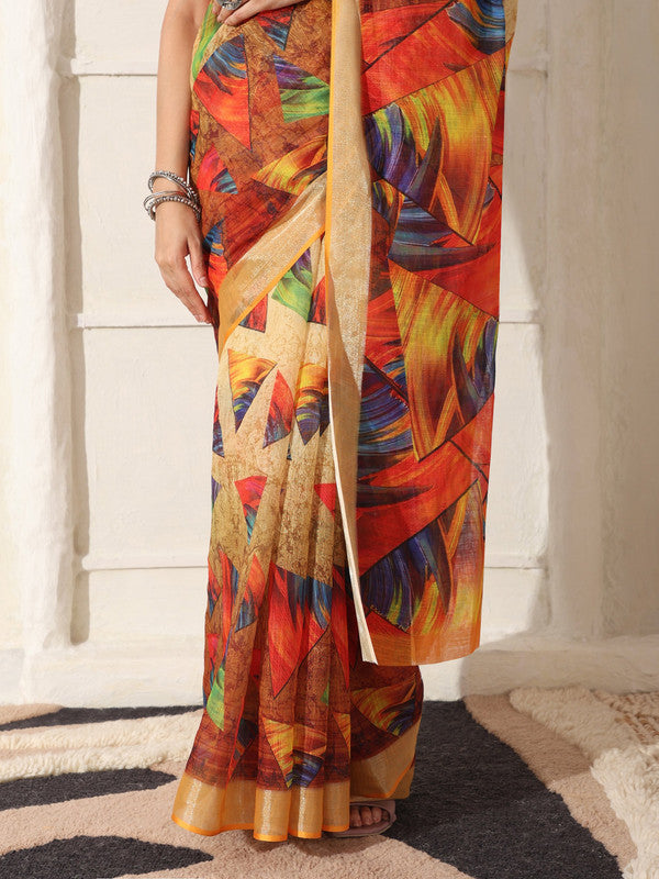 Shivam Fabrics Multi Color Linen Fabric Printed Saree | Grocsy