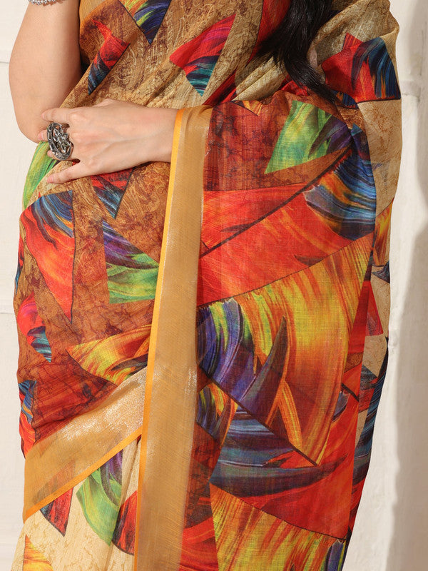 Shivam Fabrics Multi Color Linen Fabric Printed Saree | Grocsy