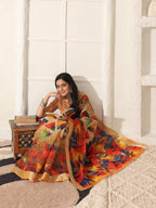 Shivam Fabrics Multi Color Linen Fabric Printed Saree | Grocsy