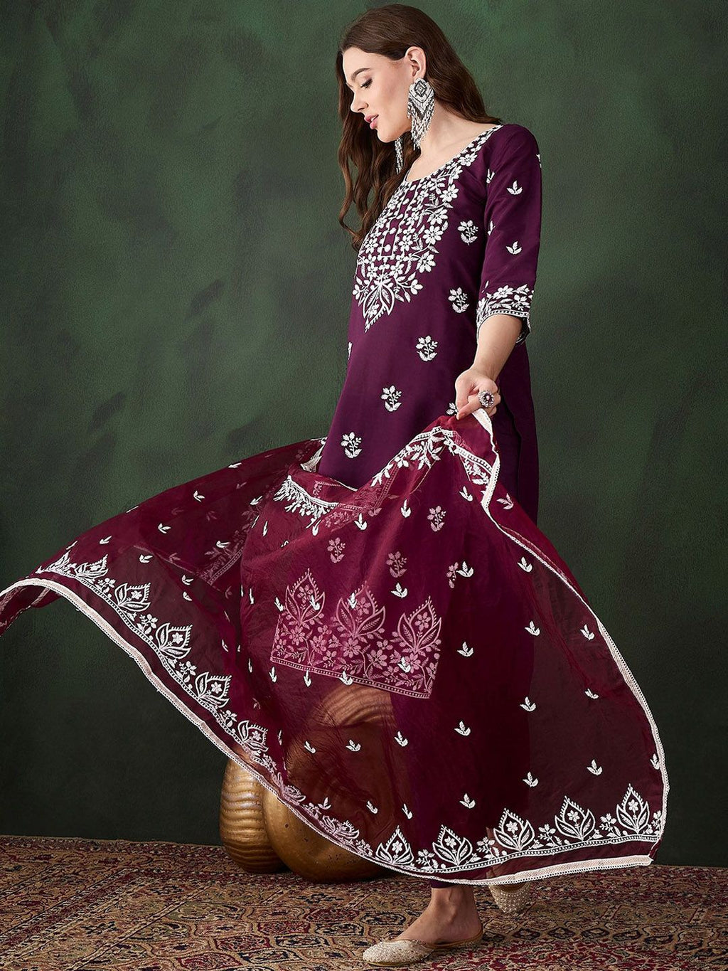 Sangria Purple Floral Embroidered Thread Work Pure Cotton Kurta & Trouser With Dupatta | Grocsy