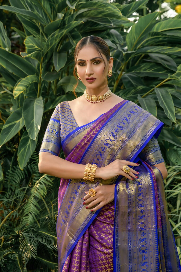 Jyoti Fashion Women's Purple Kanjivaram Silk Zari Woven Saree with Blouse | Grocsy