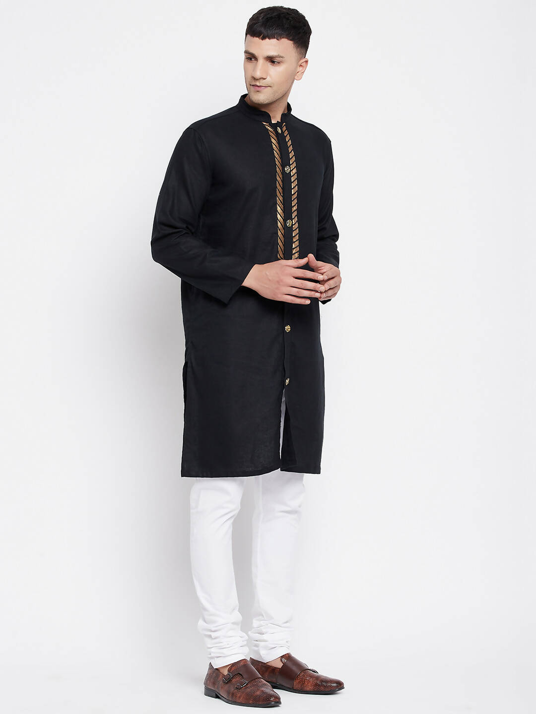 Even Apparels Black Linen Men's Sherwani Kurta With Decorative Placket | Grocsy
