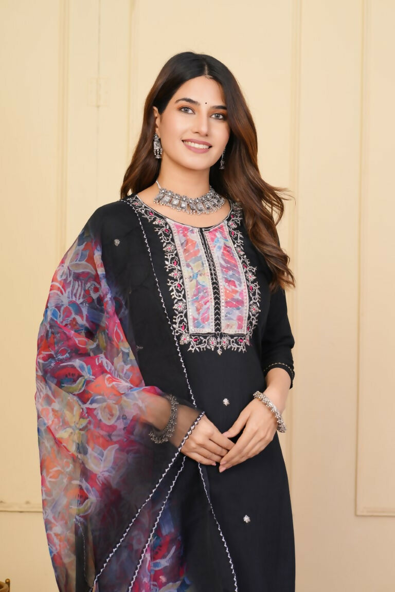 Black Rayon Slub Embroidered Stitched Suit With Dupatta - Tanisha | Grocsy