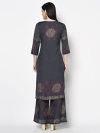 Aniyah Rayon Dark Grey Color Block Print Straight Kurta Palazzo Set (AN-202K) | Grocsy