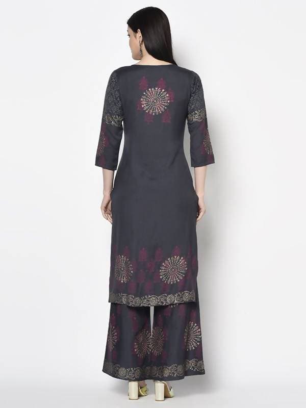 Aniyah Rayon Dark Grey Color Block Print Straight Kurta Palazzo Set (AN-202K) | Grocsy