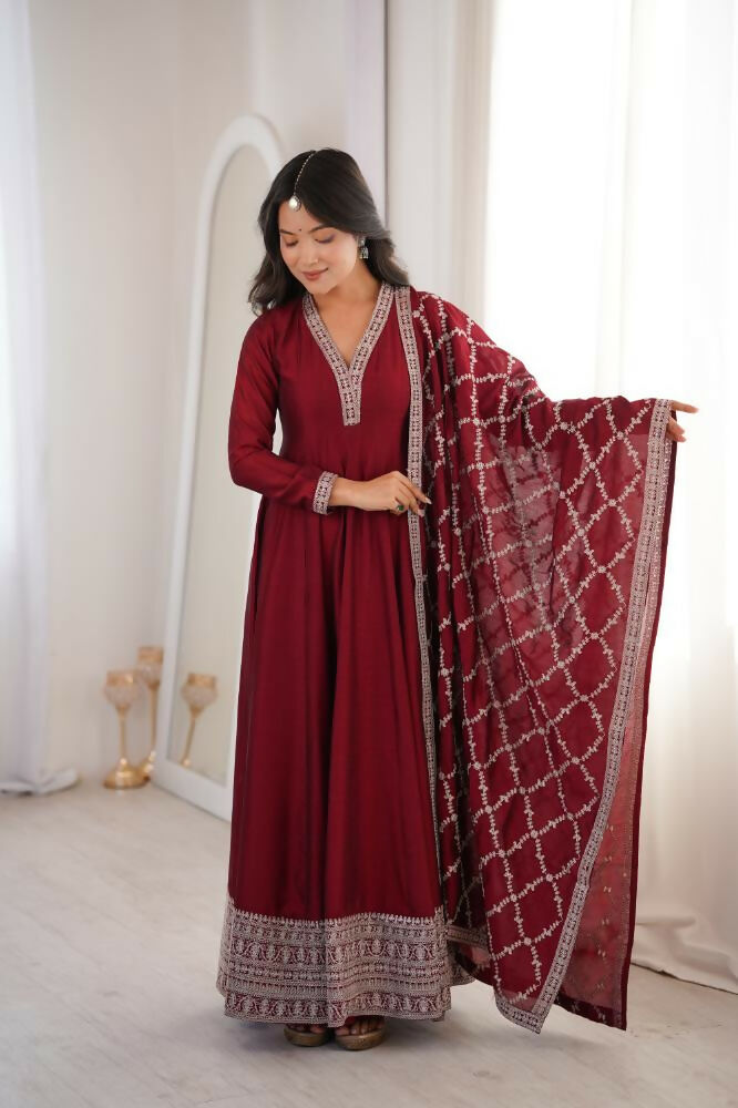 Lehenga Mart Designer Anarkali Suit With Kurta, Dupatta For Women-Dark Maroon | Grocsy