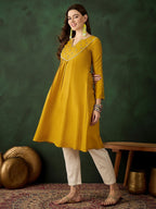 Sangria Floral Embroidered Thread Work Cotton A-Line Kurta | Grocsy